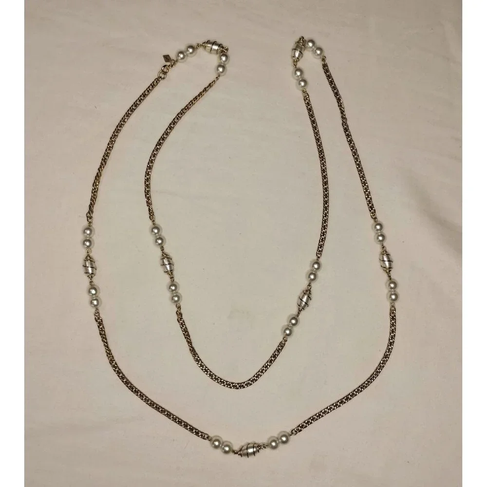 Sarah Coventry Vintage Gold Tone Chain Faux Pearl Pendant Long Necklace Jewelry - Picture 16 of 16